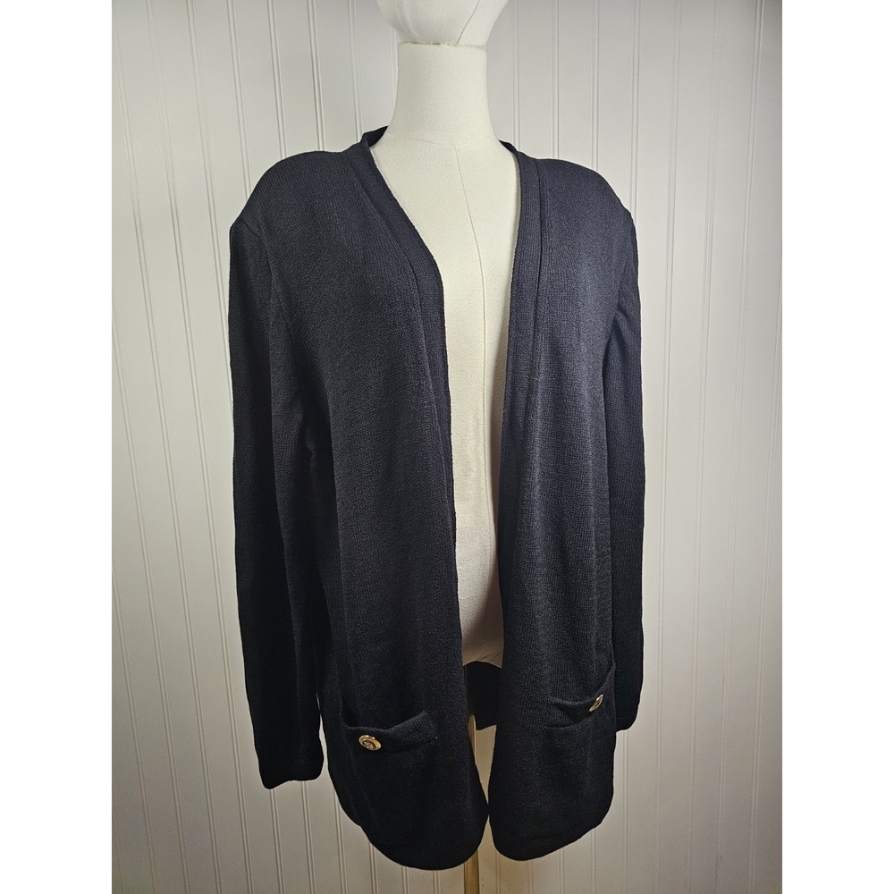 St. John Basics Black Santana Knit Cardigan Sweater Long Sleeve Open Front